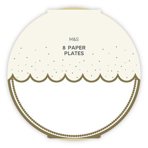 M&S white paper plates with gold trim, 23cm diameter, imported from the UK