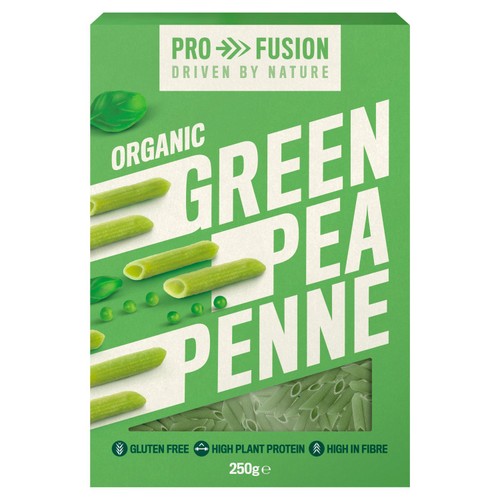 Profusion organic green pea protein penne, imported from the UK