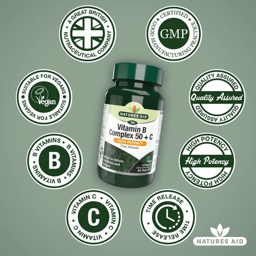 Natures Aid B Complex 50 Plus C tablets, imported from the UK