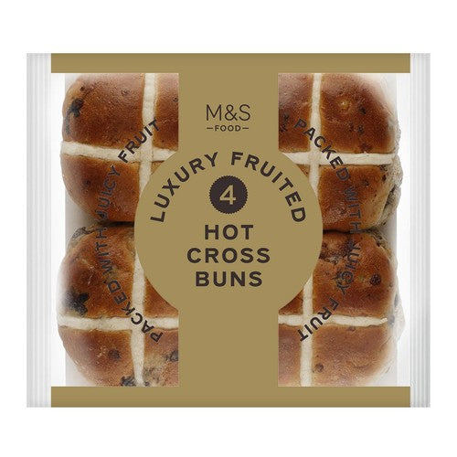 M&S luxury fruited hot cross buns 4 pack, imported from the UK