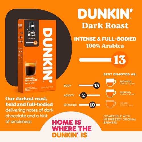 Dunkin Dark Roast Nespresso compatible coffee pods, imported from the UK