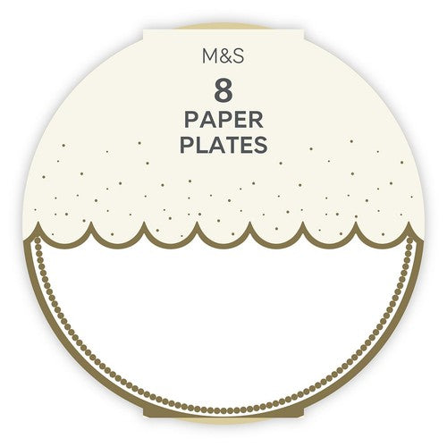 M&S white paper plates with gold trim, 23cm diameter, imported from the UK