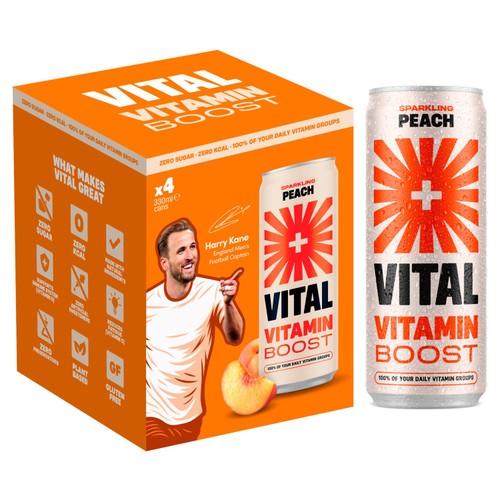 Vital peach sparkling vitamin water 4 x 330ml (British brand)