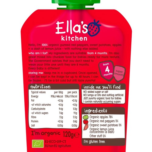 Ella's Kitchen apples, sweet potatoes and peppers baby food pouch 120g - British product