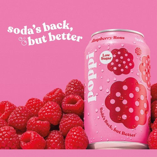 Poppi Raspberry Rose soda cans 330ml (British brand)