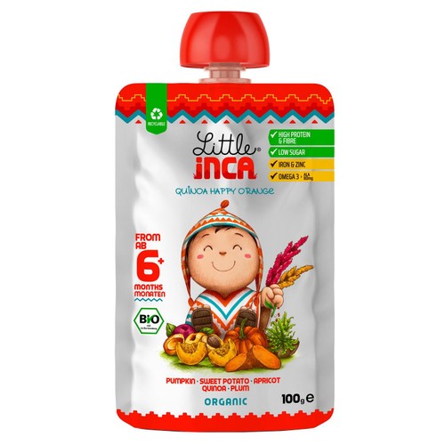 Little Inca Quinoa Happy Orange baby food pouch 100g, UK version