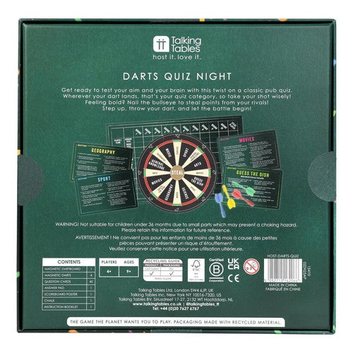Talking Tables Darts Quiz Night pub game set - British product