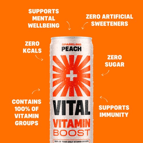 Vital peach sparkling vitamin water 4 x 330ml (British brand)