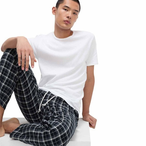 M&S Mens Pure Cotton Checked Loungewear Bottoms XL Navy