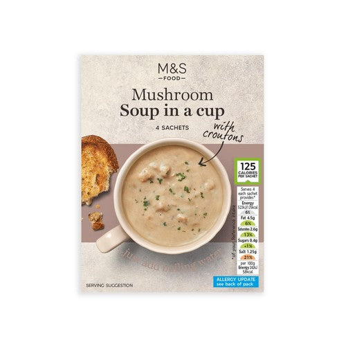 M&S creamy mushroom instant soup mix with croutons 4 x 22g, imported from the UK