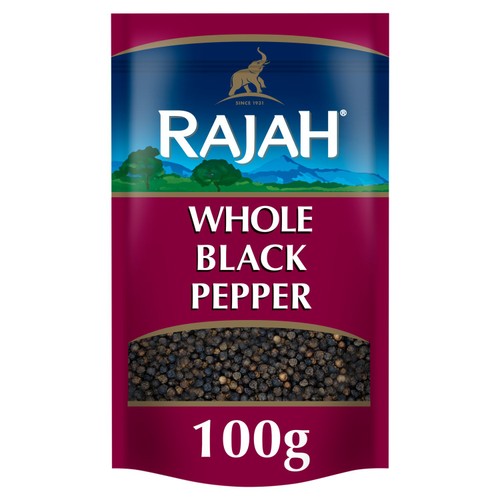 Rajah whole black pepper soft pouch 100g, imported from the UK