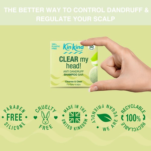 KinKind CLEAR My Head! Anti Dandruff Solid Shampoo Bar for Flaky Scalp
