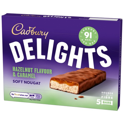 Cadbury Delights hazelnut nougat caramel chocolate bars 5x22g - British product