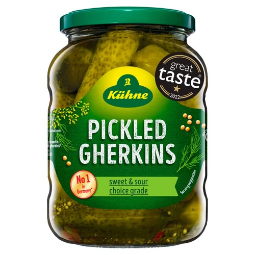 Kuhne Gherkins Sweet & Sour Pickled 330g, UK version