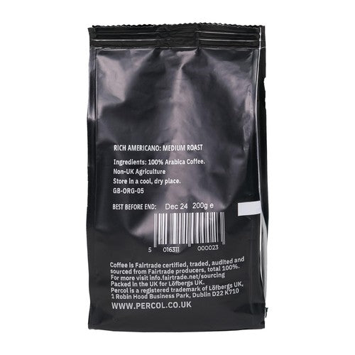 Percol Rich Americano Organic Ground Coffee 200g, imported from the UK