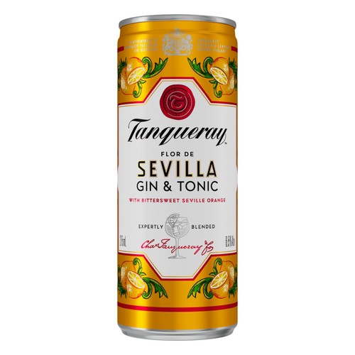 Tanqueray Flor de Sevilla gin and tonic ready-to-drink can 250ml (British brand)
