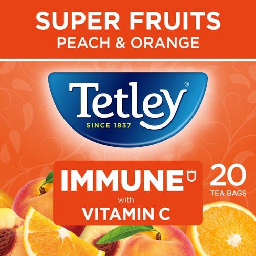 Tetley Immune Peach & Orange Fruit and Herbal Tea Bags 20 Tea Bags (British brand)