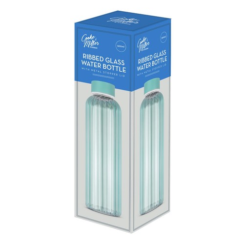 Cooke & Miller blue ribbed glass water bottle 500ml, imported from the UK