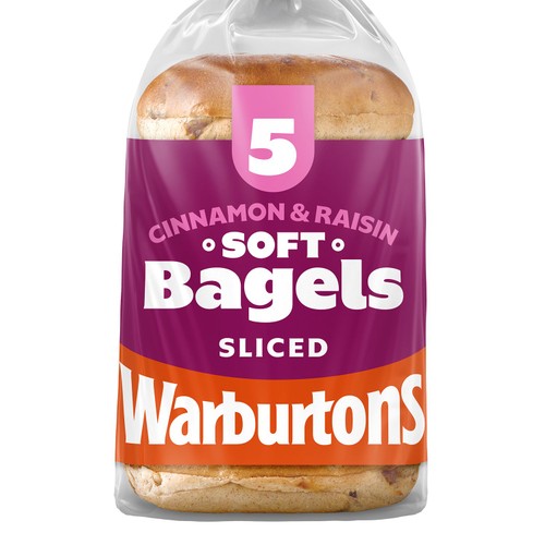Warburtons cinnamon raisin sliced bagels 5 pack, UK version