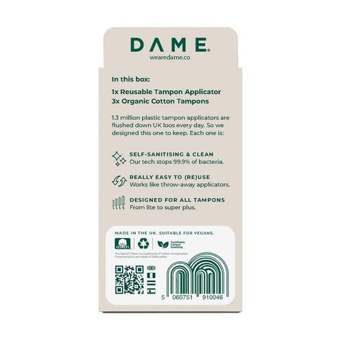 DAME reusable tampon applicator with 3 organic tampons - British product