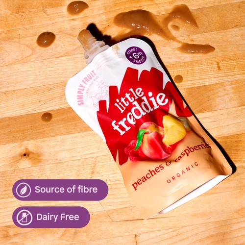 Little Freddie organic peaches and raspberries baby food pouch 100g, UK version