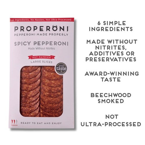 Properoni spicy sliced pepperoni 80g, imported from the UK