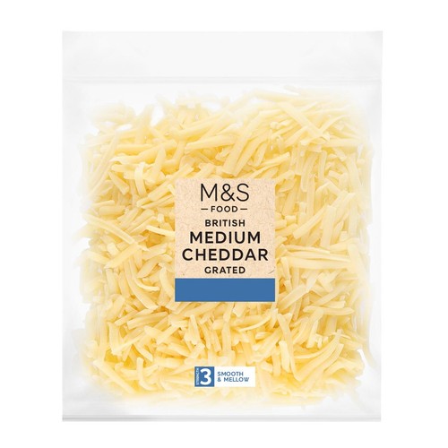 M&S medium grated cheddar cheese 250g, imported from the UK