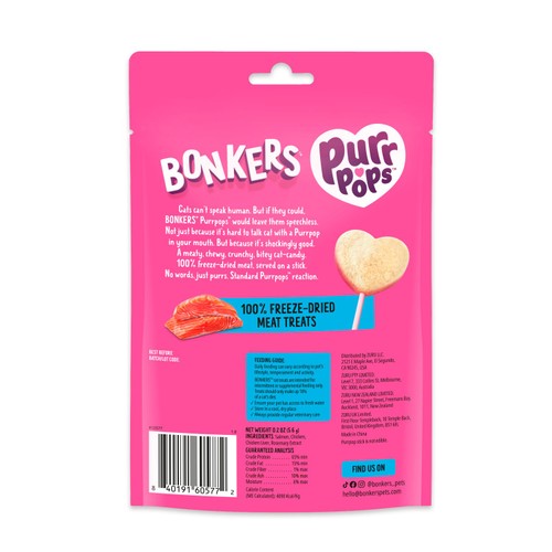 Bonkers Purrpops salmon flavoured cat treats lollipops pack of 4, imported from the UK