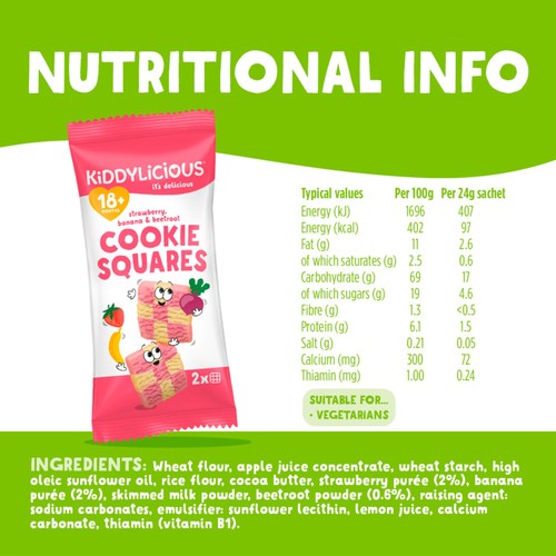 Kiddylicious strawberry, banana & beetroot cookie squares 6 x 24g pack, UK version