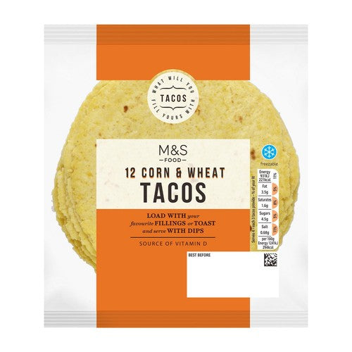M&S corn and wheat tacos 12 mini tortilla wraps, imported from the UK