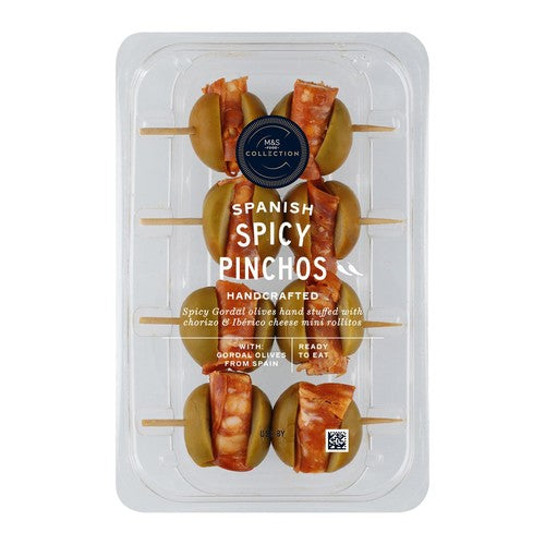 M&S Spanish Spicy Pinchos stuffed olives 124g, imported from the UK