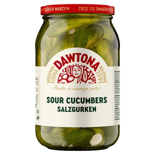 Dawtona sour cucumbers pickled in brine (British brand)