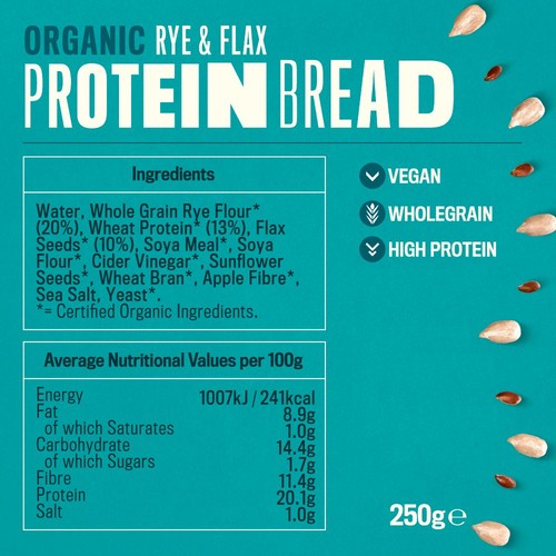 Profusion Protein Bread Rye & Flax 250g, imported from the UK