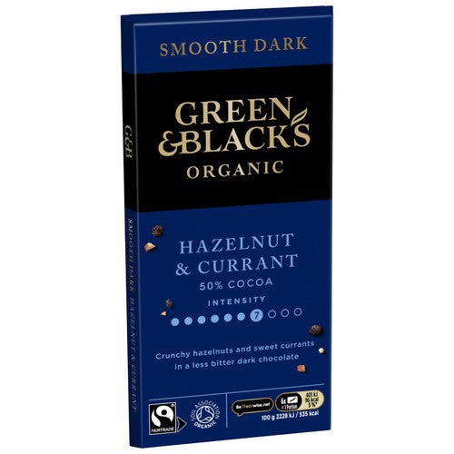 Green & Black's dark chocolate bar with hazelnuts and currants - British product