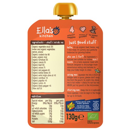 Ella's Kitchen beef chilli con carne baby food pouch 130g - British product