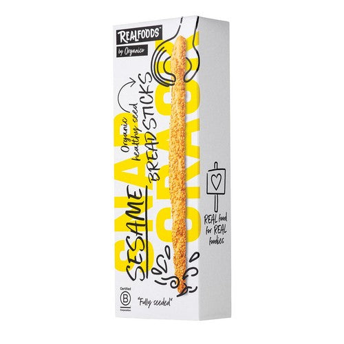 Realfoods organic sesame breadsticks 120g, imported from the UK