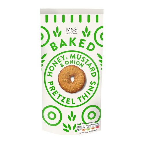 M&S honey mustard onion pretzel thins 80g, imported from the UK