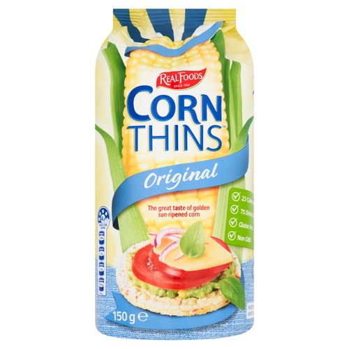 Real Foods corn thins 150g, imported from the UK