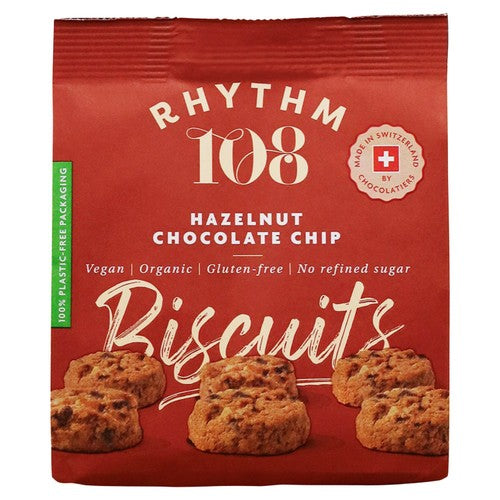 Rhythm 108 vegan hazelnut chocolate chip biscuits 135g, imported from the UK