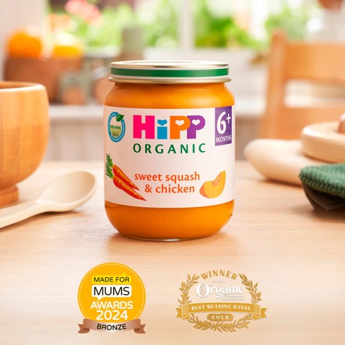 HiPP Organic sweet squash and chicken baby food jar 125g, UK version