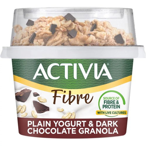 Activia Fibre yogurt dark chocolate granola pot with spoon, imported from the UK