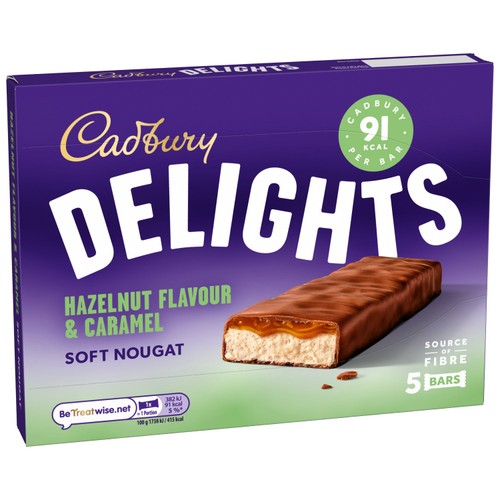 Cadbury Delights hazelnut nougat caramel chocolate bars 5x22g - British product