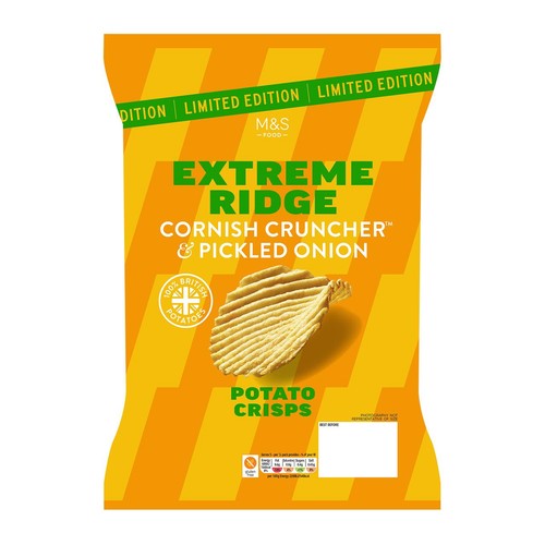 M&S Extreme Ridge crisps with Cornish cheddar and pickled onions, imported from the UK