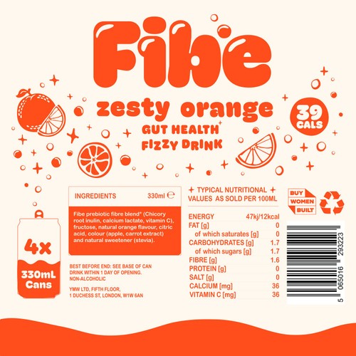 Fibe Zesty Orange canned fibre drink 4 x 250ml - British product