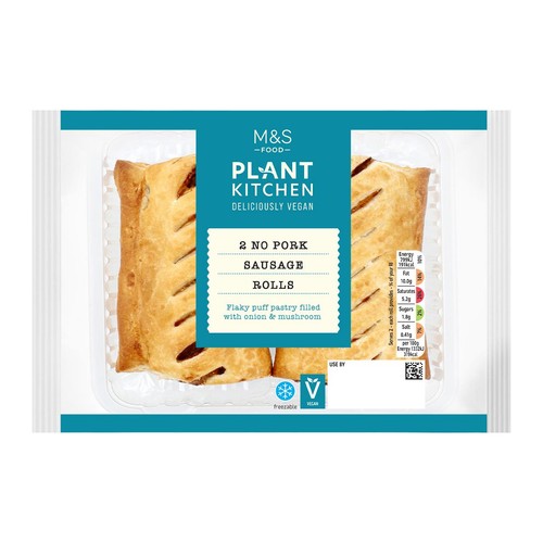 M&S vegan no pork sausage rolls 2 per pack, imported from the UK