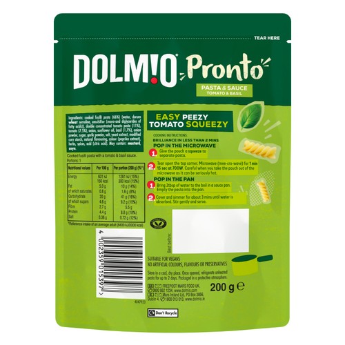 Dolmio Pasta Pronto tomato and basil microwave pasta 200g - British product