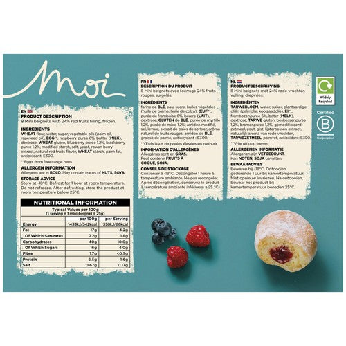 Moi red fruits filled mini beignets 8 per pack, imported from the UK