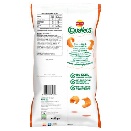 Quavers Red Leicester Cheese Flavour crisps 6 pack, imported from the UK