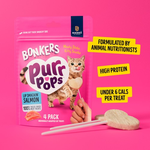 Bonkers Purrpops salmon flavoured cat treats lollipops pack of 4, imported from the UK