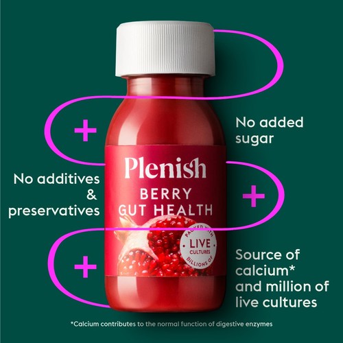 Plenish berry gut health shot, imported from the UK